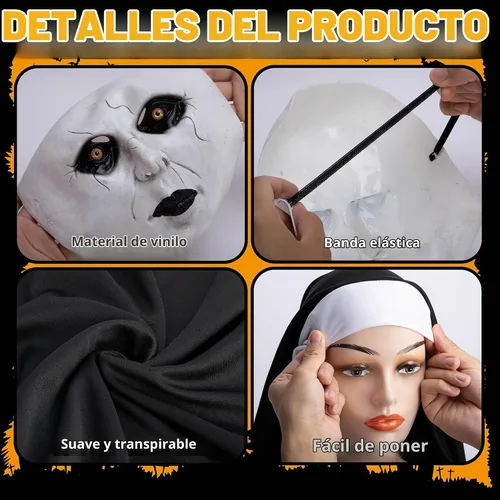 Vista 3 de PURPLE STAR 1N 2 Set/8 piezas de máscara de terror de monja de Halloween, accesorios de máscara de monja de cabeza completa, máscara de monjas