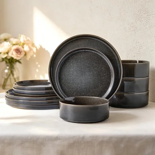 Vista 19 de Stoneware Dinnerware Sets for 4, 12Pcs Plates and Bowls Set, Cream White