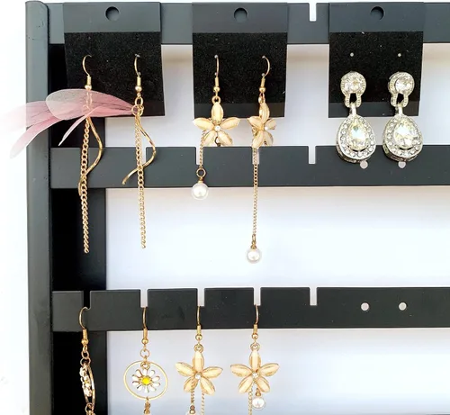 Vista 5 de Organizador de aretes de 7 capas, almacenamiento de aretes de oreja montado en la pared, organizador de aretes de metal negro de gran capacidad