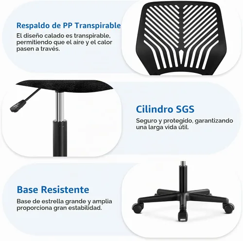 Vista 6 de Yaheetech - Silla de escritorio pequeña, asiento giratorio ajustable sin brazos, color negro