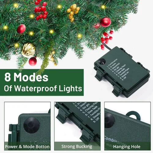 Vista 5 de Guirnalda de Navidad de 9 pies con luces, guirnalda iluminada que funciona con baterías con piñas, bayas rojas, ramas frondosas, 50 luces LED, 8