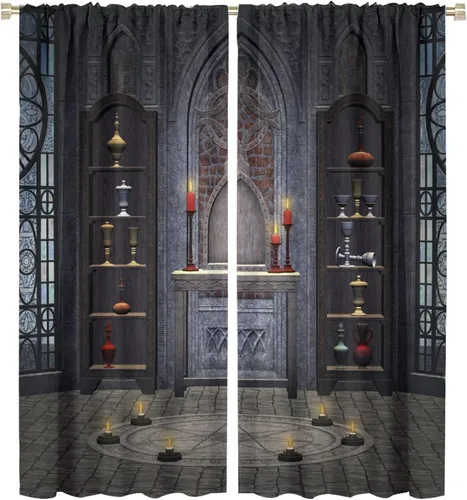 Vista 41 de Cortinas góticas con diseño de luna de Halloween, historia, puerta espeluznante, fondo de terror, vela, ficción, patrón de impresión, sala de estar