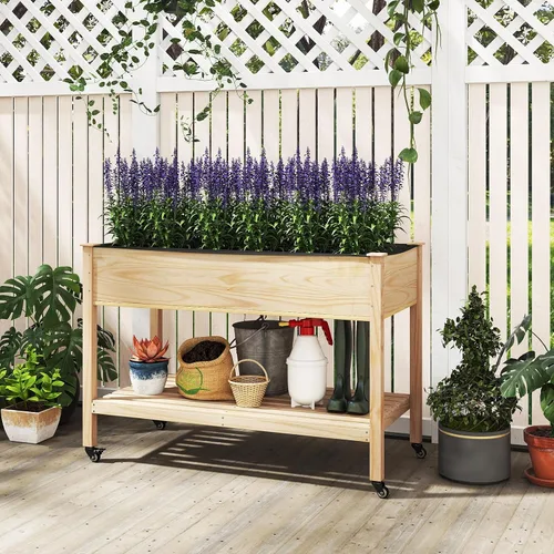 Vista 2 de Giantex Cama de jardín elevada móvil, maceta de madera con ruedas, estante de almacenamiento y forro, cama elevada enrollable de 47 x 23 x 33