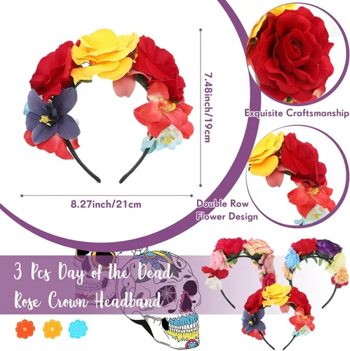 Vista 2 de Crowye 6 unidades de abanico de mano plegables del Día de los Muertos con diseño floral mexicano con corona de rosas mexicanas, tocado de tela