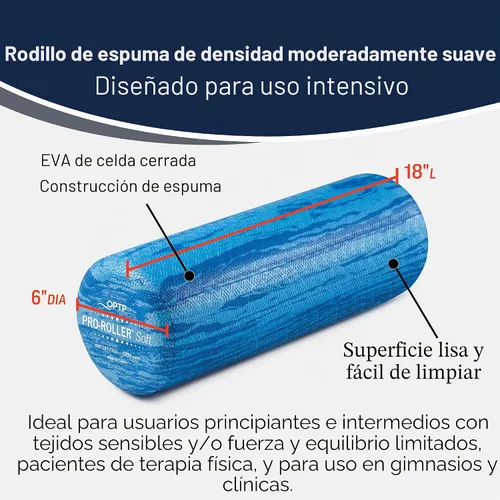 Vista 3 de OPTP PRO-Roller - Rodillo de espuma de densidad suave, redondo, azul corto, 18" x 6" Low density soft foam roller for physical therapy, Pilates