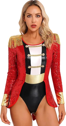 Vista 2 de FEESHOW Women's Circus Ringmaster Costume Halloween Cosplay Tassel Leotard Bodysuit for Party Stage Shows