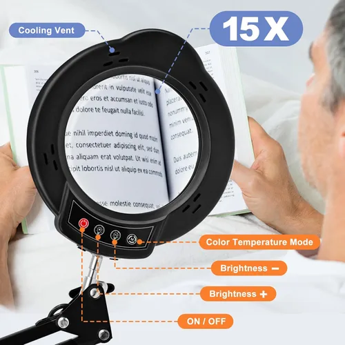 Vista 6 de Lupa de 15X con luz y abrazadera, lámpara de escritorio con lupa iluminada, lámpara LED con luz y abrazadera, 5 modos de color, 10 brillos