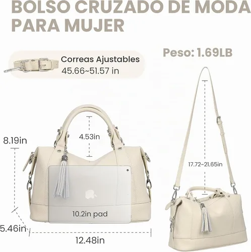 Vista 4 de Heshe Bolsos de hombro de cuero genuino para mujer, bolsos satchel, bolsos bandolera de cuero real para damas Beige