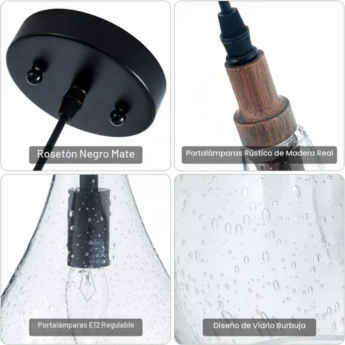 Vista 6 de Lámpara colgante de cristal con semillas de madera de granja, lámpara colgante industrial ajustable para cocina, isla, comedor, dormitorio Sembrado