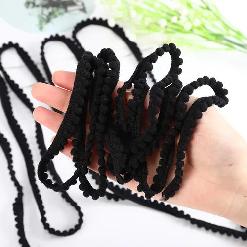 Vista 2 de Mini pompón con flecos de bola, lazo para coser, flecos, accesorio de encaje para manualidades, decoración del hogar (negro, 10 yardas)