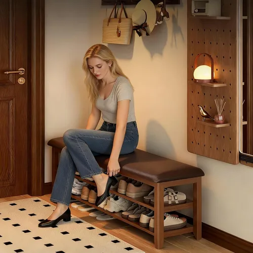 Vista 3 de Banco de almacenamiento de zapatos de madera con cojín de cuero, marrón oscuro, 39.4 pulgadas Rustic Solid Wood Entryway Bench, Shoe Rack Bench