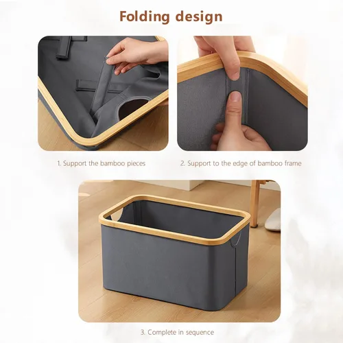Vista 7 de Cesta de lavandería gris, cestas grandes para lavandería con asas, cestas de lavandería con tapa para dormitorios, baño de bambú, cesta