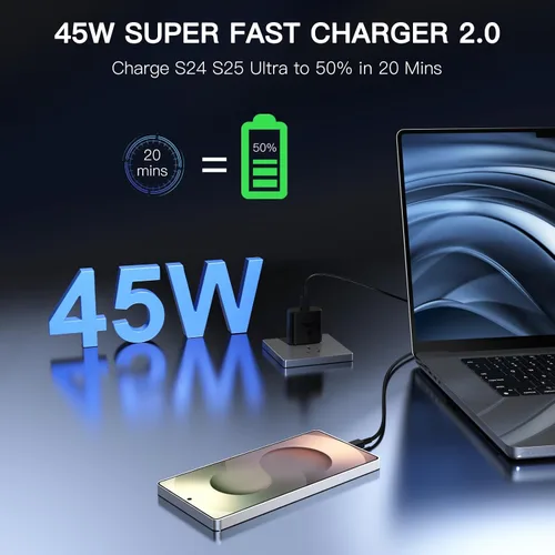 Vista 2 de Bloque de carga súper rápido Samsung de 45 W, paquete de 2 bloques de carga rápida tipo C con cable de carga USB C de 3 pies