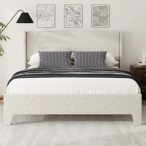 Vista 3 de Base de cama tamaño matrimonial con cabecero tapizado de imitación de cuero, resistente al desgaste, fácil de limpiar, base para colchón, no Beige