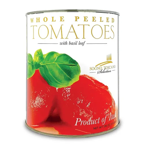 Vista 2 de Sogno Toscano Tomates pelados enteros con hoja de albahaca, recogidos a mano y sin OGM. 800 gr - 1.8 lb