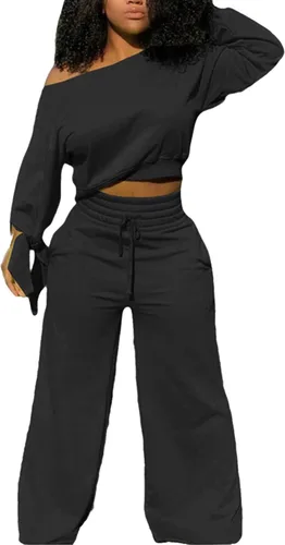 Vista 2 de MRSYVES Conjunto de 2 piezas para mujer, ropa sexy para club, talla grande y hombros descubiertos, camisa de manga larga, pantalones sueltos