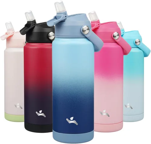 Vista 10 de Konokyo Botella de agua aislada con tapa de pajilla, botella de metal al vacío de acero inoxidable de 18 onzas con mango de silicona, color negro
