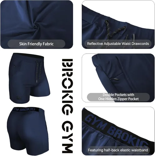 Vista 5 de BROKIG Pantalones cortos de gimnasio ligeros para hombre, pantalones cortos de entrenamiento atlético para hombre con bolsillos para culturismo