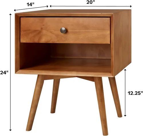 Vista 3 de Walker Edison Mesita de noche de madera moderna de mediados de siglo, cajón de almacenamiento y estante mesita de noche, 1 paquete, caramelo