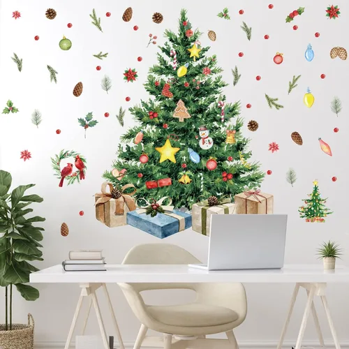 Vista 7 de Spiareal 1 juego de calcomanías de pared para árbol de Navidad, conos de pino acebo extraíbles