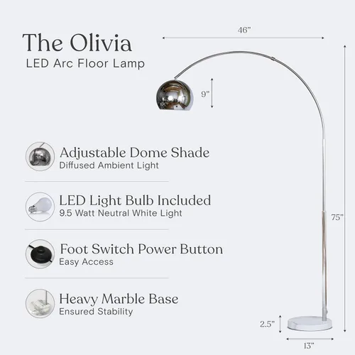 Vista 3 de Brightech Olivia Lámpara de pie – Lámpara de arco elegante con cabeza redondeada y base de mármol para sala de estar, lámpara de pie alta