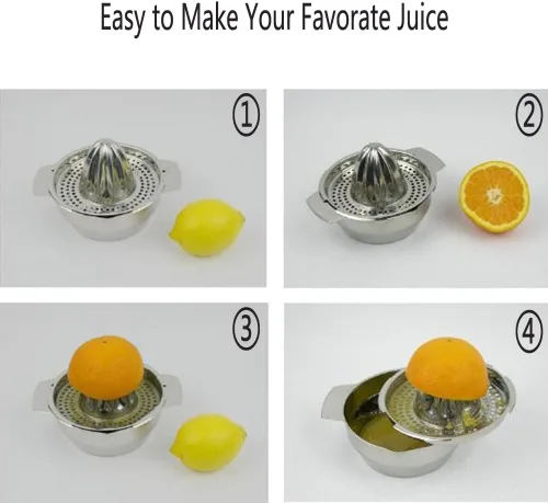 Vista 3 de Exprimidor de frutas manual de acero inoxidable, para limón, lima, naranja con recipiente para colar colador