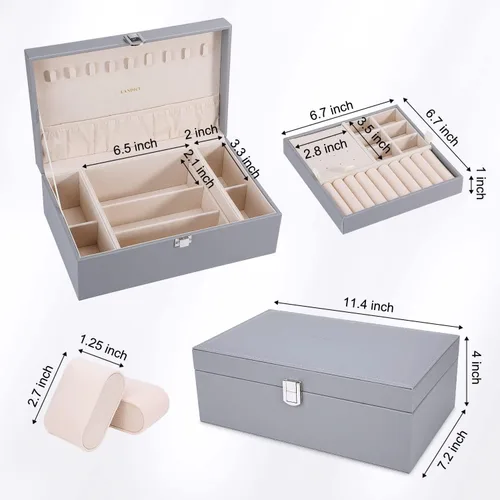 Vista 6 de LANDICI Joyero organizador para mujeres y niñas, estuche grande de 2 capas para hombres con bandeja extraíble, soporte de almacenamiento de joyas