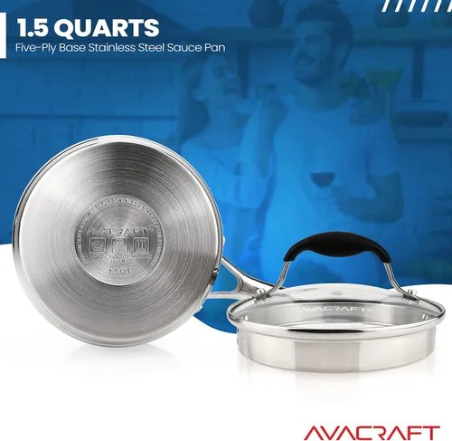 Vista 5 de AVACRAFT Cacerola de acero inoxidable con tapa de filtro de vidrio, dos boquillas laterales para verter fácilmente con mango ergonómico, olla