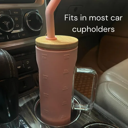 Vista 2 de Vaso de vidrio de 20 onzas con asa, taza de batido de café Boba con tapa de bambú, funda protectora de silicona, sin BPA (negro)