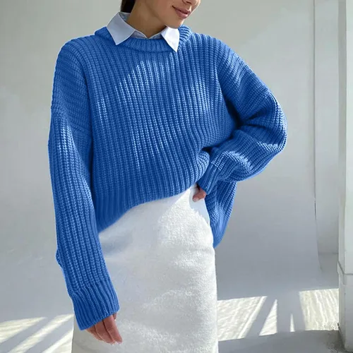 Vista 5 de Suéter de Punto de Manga Larga con Cuello Alto para Mujer, Tops básicos de Color sólido con Cuello Redondo