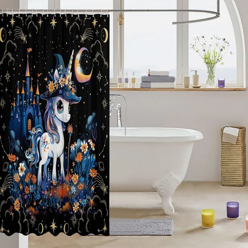 Vista 3 de Cortina de ducha de tela de unicornio de Halloween, misteriosa cortina de ducha de flores de castillo estrellado para baño, cortina de ducha
