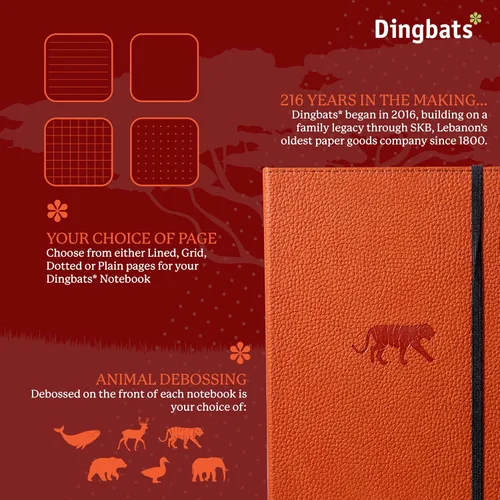 Vista 2 de Dingbats* Cuaderno de escritura con líneas de vida silvestre A5 - Tapa dura de cuero vegano - Ideal para trabajo, viajes - Incluye bolsillo, cierre