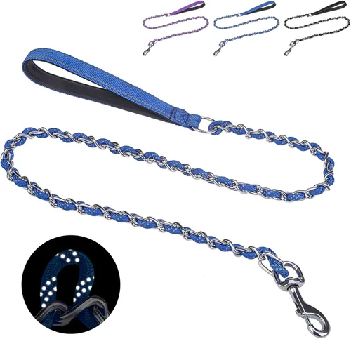 Vista 17 de HOMIMP Correa de perro a prueba de mordidas para perros medianos y grandes, correa reflectante de cadena de metal resistente de 6 pies con mango
