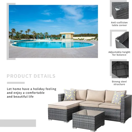 Vista 2 de SUNLEI Juegos de muebles de exterior, respaldo bajo, sofá modular pequeño de ratán para todo tipo de clima, con mesa de té, cojines de sofá lavables