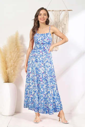 Vista 5 de GRACE KARIN Vestido largo de verano para mujer, sin mangas, floral, tirantes delgados, fruncido, bohemio, para playa, con bolsillos