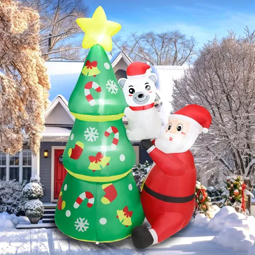 Vista 6 de 1.88 m de alto Árbol inflable navideño jumbo encantador con Papá Noel y oso polar, árbol inflable navideño animado con Papá Noel y oso polar, luces