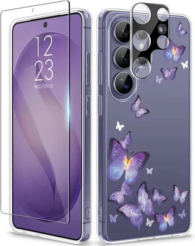 Vista 19 de GVIEWIN Funda protectora para Samsung Galaxy S25, transparente floral, delgada, a prueba de golpes, para mujer, no se pone amarilla, con protector