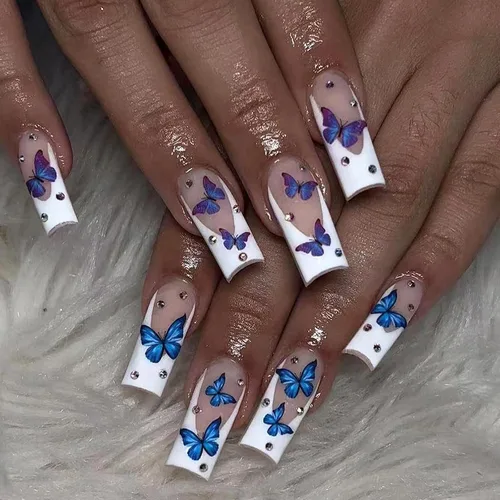 Vista 10 de MISUD Uñas a presión – Uñas cuadradas largas con pegamento rosa y negro, acrílico Y2K diseño de dijes de 24 piezas