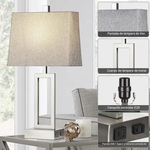 Vista 7 de Lolikit Lámparas de mesa con control táctil de 23.5 pulgadas, lámpara de noche de metal para dormitorio, juego de 2 con puertos USB A+C y salida