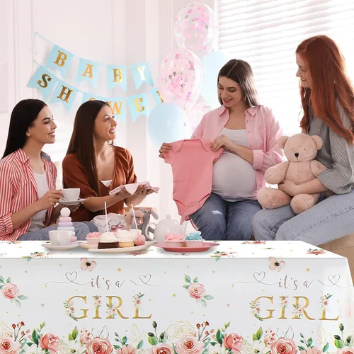 Vista 5 de Pajean Paquete de 3 manteles florales para baby shower, decoración con texto en inglés "It's a Girl", manteles de fiesta de baby shower, manteles