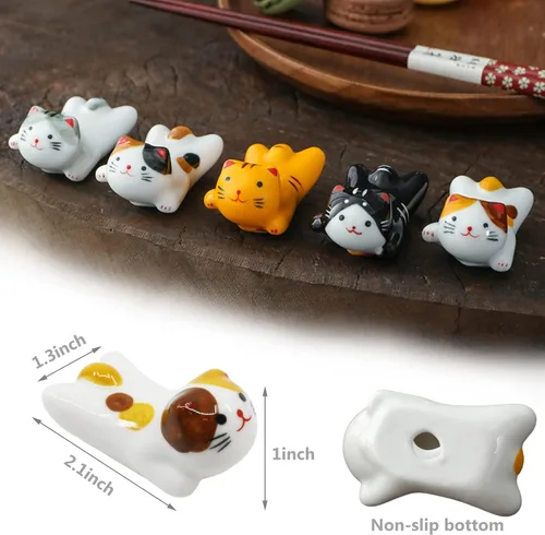Vista 3 de Juego de 5 palillos para gatos, soportes para pinceles de pintura china, porcelana de estilo japonés, soporte para palillos de cerámica para cena