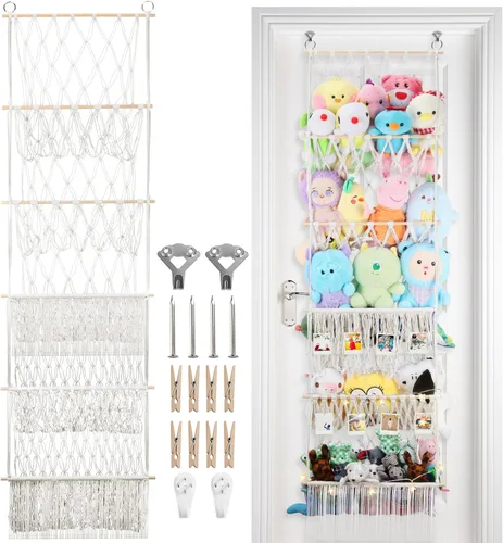 Vista 21 de Red de almacenamiento de animales de peluche de 2 niveles, 17 x 32 pulgadas, organizador grande de animales de peluche para pequeños rellenos