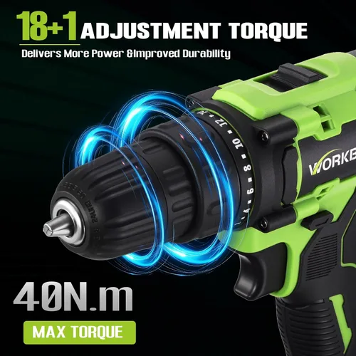 Vista 4 de WORKBLESS Juego de Taladro Eléctrico de 21V, Taladro Inalámbrico con Batería y Cargador, Portabrocas sin Llave de 3/8'', Velocidad Variable