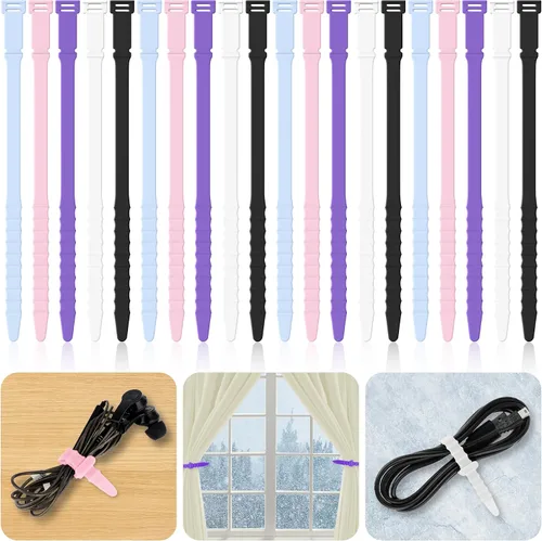 Vista 9 de Bridas de silicona reutilizables de 7 pulgadas, 20 correas de goma para gestión de cables, organizador de cables elásticos para el hogar, oficina