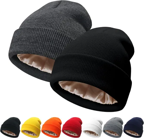 Vista 18 de NPQQUAN 2 PCS Satin Lined Beanie for Women Silk Lined Beanies Winter Warm Soft Lining Cuffed Knit Beanie Hats for Women