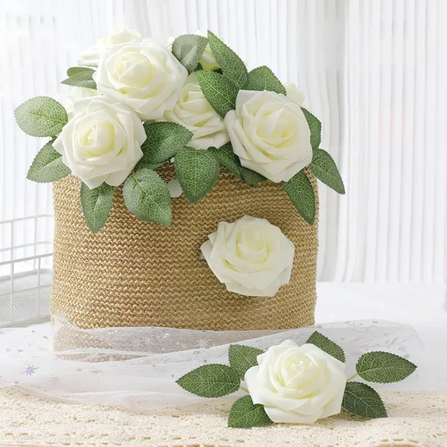 Vista 7 de DerBlue 60 rosas artificiales de aspecto real, rosas artificiales de espuma para decoración de bodas, arreglos, fiestas, decoración del hogar Blanco