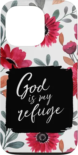 Vista 10 de God is My Refuge - Carcasa para iPhone 16, diseño de flores rojas con versículo bíblico del Salmo 91