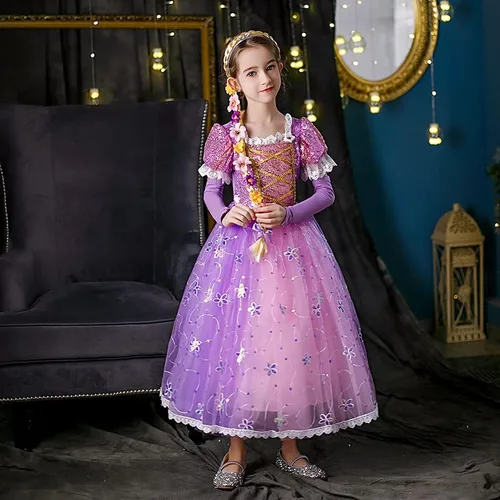 Vista 8 de TPMG Disfraz de princesa Rapunzel para niñas de 3 a 10 años, ropa de disfraces de Halloween para niños, juego de simulación, cumpleaños