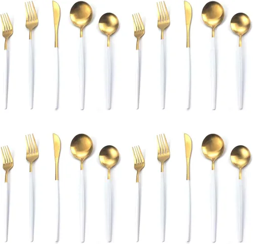 Vista 8 de Juego de cubiertos de 5 piezas, Uniturcky, de acero inoxidable negro y dorado, utensilios para comer con cuchillo, tenedor, cuchara para el hogar