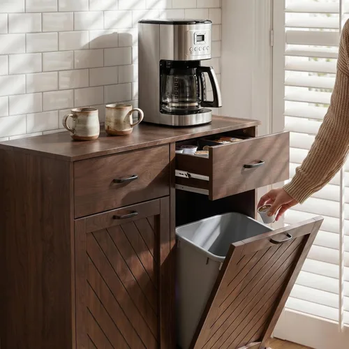 Vista 2 de njnj 2x13 Gallons Double Tilt Out Trash Can Cabinet Brown
